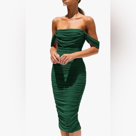PrettyGarden Dresses & Skirts - Pretty Garden Green Off-Shoulder Ruched Dress
